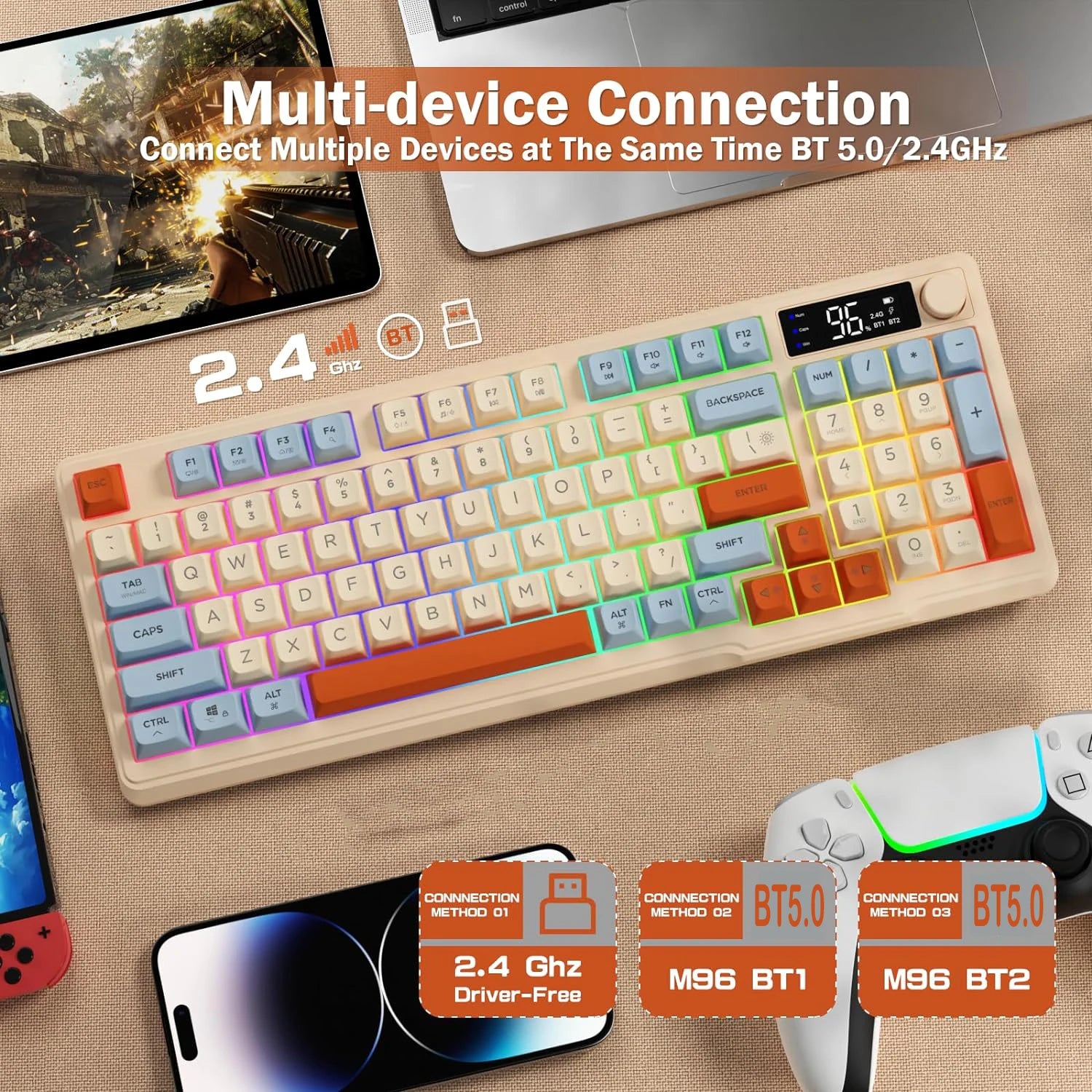 ZIYOU LANG Wireless Gaming Keyboard with Display Screen & Knob, Bluetooth/2.4GHz Quiet Membrane Keyboard, 3000mAh Rechargeable